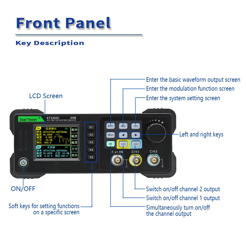 Doğu Test Cihazı ET3320/40/60C - Dual Channel Arbitrary Waveform Function Generator 60Mhz incelemesi ve fiyatı